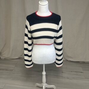 Zara Women's Cropped Sweater Navy and White Striped Sz M